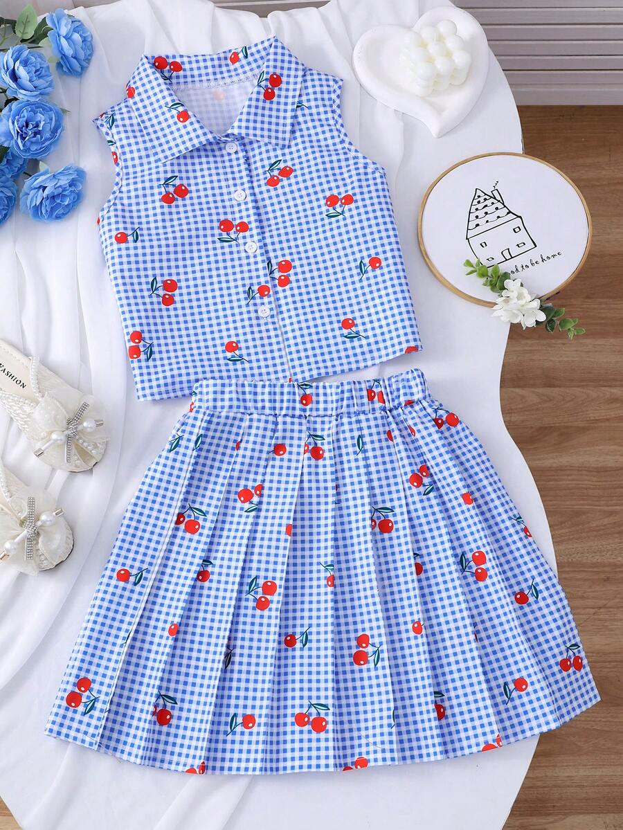 2pcs/Set Blue Plaid Cherry Print Sleeveless Shirt Paired With Plaid Pleated Skirt, Suitable For Spring/Summer Outings, Vacation, And Daily Wear - Multicolor - View 1
