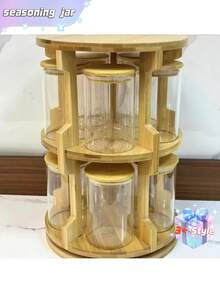 Juego de estantería de especias de madera de doble capa disponible, con frascos de especias de vidrio de 65 mm * 100 mm, estantería de especias de madera para el hogar, bandeja giratoria de 2 capas, estantería de almacenamiento de cocina, estantería de almacenamiento de especias para armario, frascos herméticos para alimentos, frascos de vidrio herméticos. - Multicolor - Ver 6