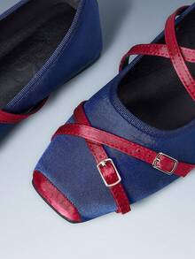 CUCCOO GRLICON Women's Flat Shoes, Square Toe Contrast Color Buckle Design Casual Flat Shoes, Motorcycle Style Outfit For Cool Girls, Suitable For Spring/Summer, Vacation, Travel, 2000s Style - dark blue - View 3