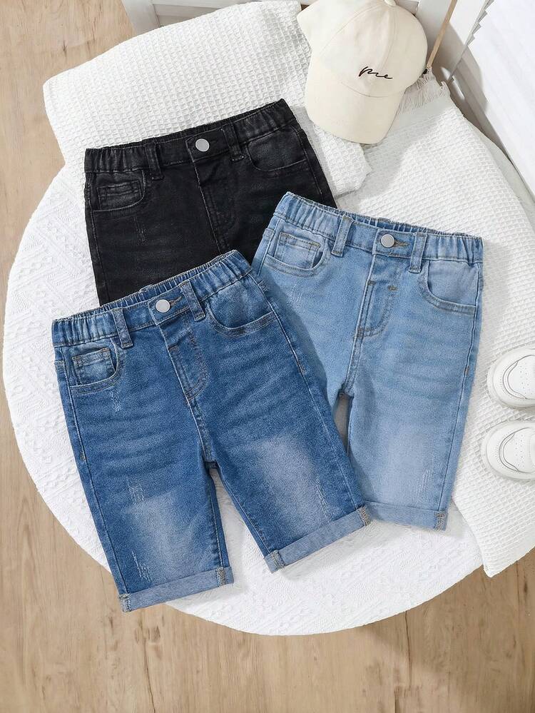 SHEIN Set de 3 pantalones cortos elásticos de mezclilla negros, azul marino y azul claro para niños - Multicolor - Añade 3
