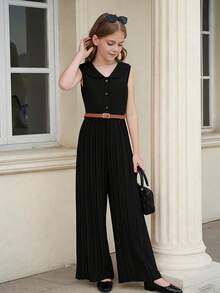SHEIN Girls' Black Solid Pleated Leg Jumpsuit With Beige Belt, Lapel And Button Front Design, Suitable For Casual Daily And Commute Wear - Black - View 1