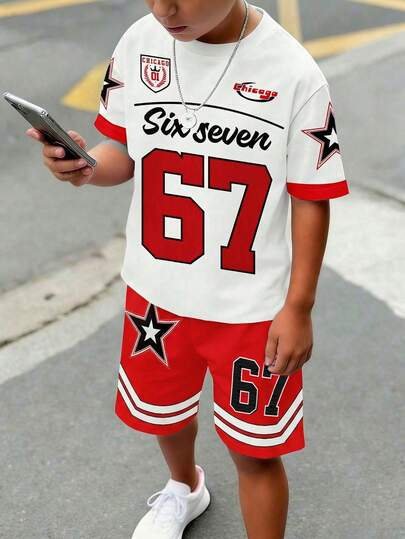 Tween Boy Casual Minimalist Fashion Y2K, Street Style, Sports Jersey, Classic Collegiate, Number 23 Graphic, American Retro, Loose Comfortable Minimalist Round Neck Short Sleeve T-Shirt And Shorts Set