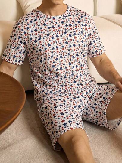 Velminro 남성용 별 프린트 반팔 상의 및 반바지 잠옷 세트