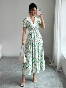 SHEIN Elenzya Elegant Romantic Tailored Collar Waist Splicing A-Line Dress, Suitable For Resort & Countryside - Multicolor - View 3