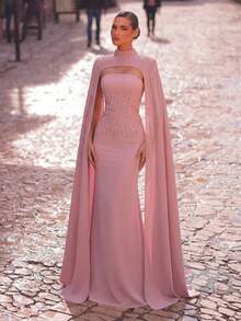 Aureia Đầm dạ hội màu hồng satin thanh lịch, lãng mạn, thời trang, trang nhã, hơi co giãn, đính đá lấp lánh, dáng đuôi cá, thích hợp cho tiệc tùng, đám cưới hoặc các dịp trang trọng khác. - Màu Hồng baby - Xem 2