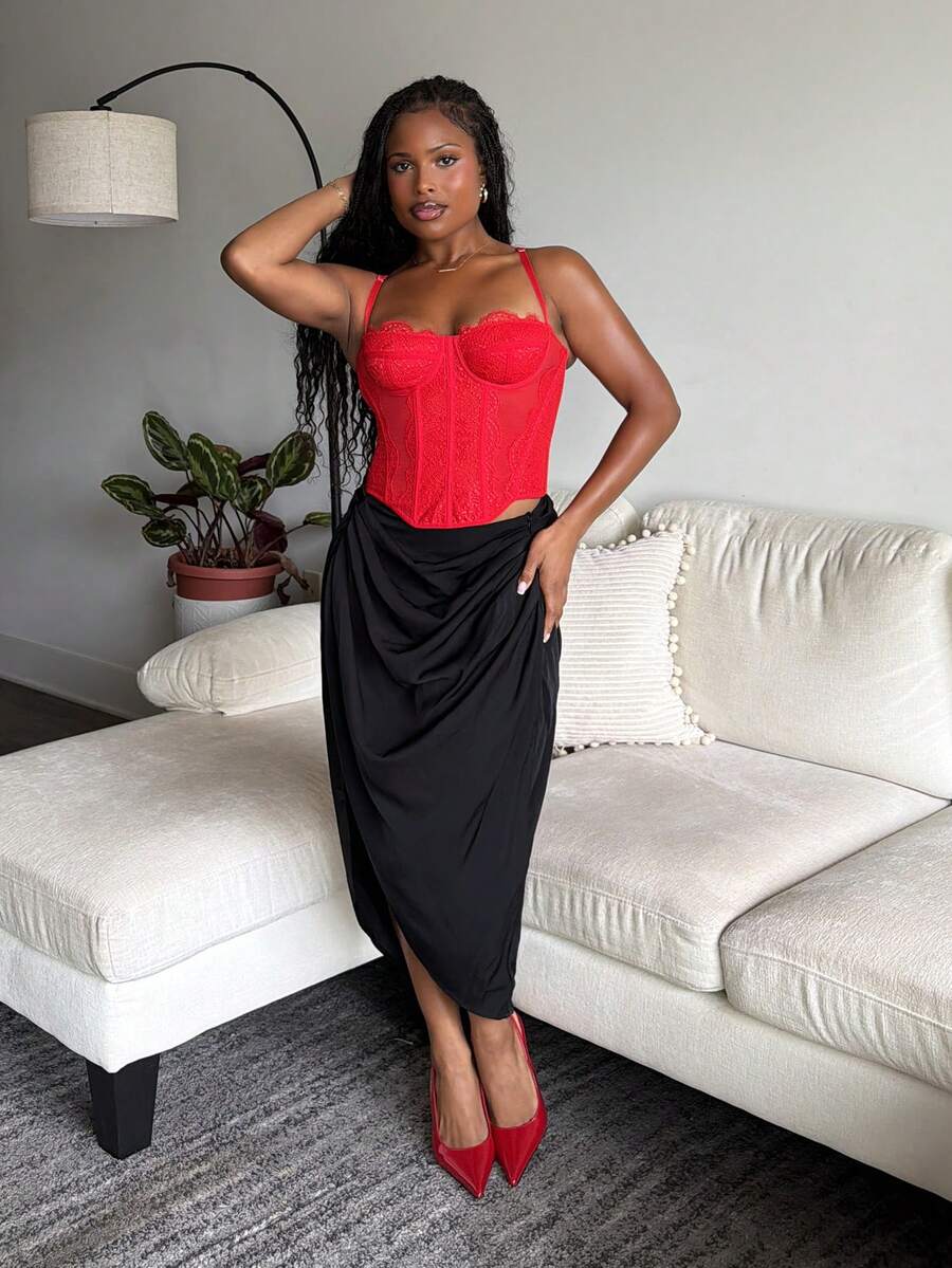Tyla Gomez Top camisola de encaje liso - Rojo - Ver 1