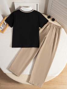 SHEIN Streecool Kids 2pcs/Set Tween Boys Gentleman Style 2 In 1 Polo Shirt & Casual Long Pants - Black - View 2