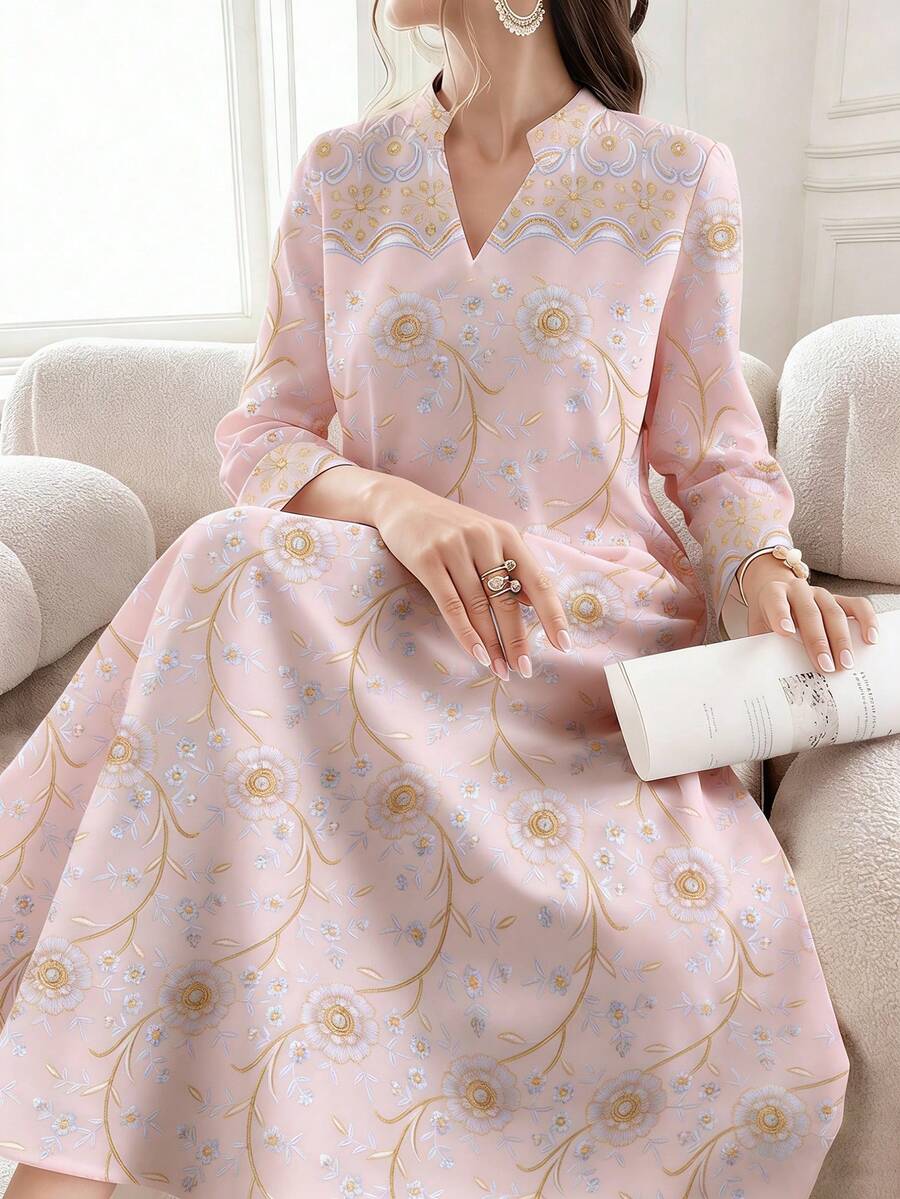SHEIN Najma 闪亮质感小碎花V领开衩长袖连衣裙,优雅阿拉伯风格,适合春夏穿着 - 彩色 - 查看 1