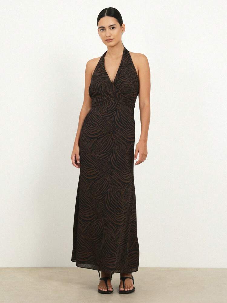 KSTM Women's Deep V-Neck Zebra Print Halter Maxi Dress With Knotted Detail Perfect For Summer Evening Party Beach Vacation