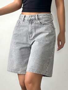 Quần short denim nữ cạp cao có túi, kiểu dáng thường ngày, đa năng. - Xám - Xem 3