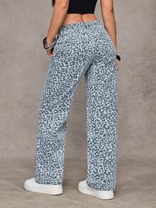 Jeanoix Y2K 时尚低腰豹纹水洗宽松直筒牛仔裤 - 彩色 - 查看 2