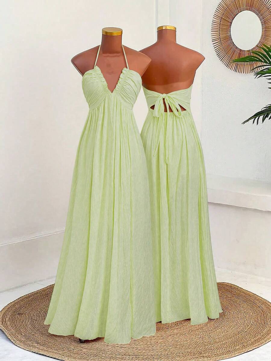 SHEIN Sweetro Đầm hè kiểu dáng mới, thanh lịch, gợi cảm, thích hợp cho kỳ nghỉ biển, chất liệu vải có họa tiết, cổ chữ V sâu, dây đeo xếp ly, eo thon gọn. - màu xanh lá - Xem 1