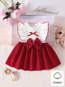 Váy sinh nhật mùa hè cho bé gái sơ sinh, sọc đỏ trắng, không tay, cổ ren, phối patchwork, nơ hồng, phong cách retro thanh lịch, chất liệu cotton, trang phục chụp ảnh - Đỏ - Xem 3