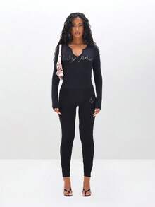 BABYPHAT Plus Size Long Sleeve Notch Neck Rhinestone Baby Girl Text Top Winter Casual Statement Tee - Black - View 4
