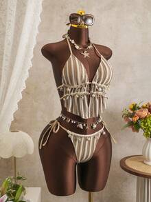 Bellisia Women's Boho Sexy Summer Beach Golf Holiday White Swimwear Set, Textured Jacquard Knit Fabric,Shell Trim,Spaghetti Strap Drawstring Bikini Outfit - Brown - View 6