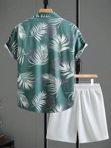 Manfinity RSRT 男士热带植物印花短袖衬衫和短裤两件套，度假装 - 彩色 - 查看 2