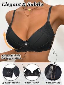 DesireSculpt Áo ngực nữ thoải mái, màu trơn, ren hoa, viền ren lượn sóng, thắt nơ trang trí, dây mảnh, gọng nâng đỡ, nâng ngực tức thì. - màu đen - Xem 3