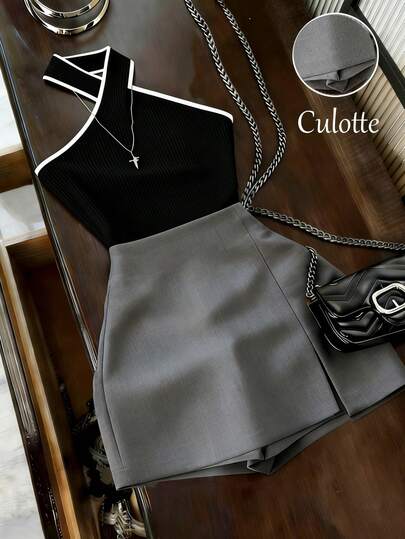 Franclia Women's Black Contrast Color Cross V-Neck Top Paired With Grey Double-Layer Elegant Pants, 2 Pieces Set For Spring/Summer Daily Commute