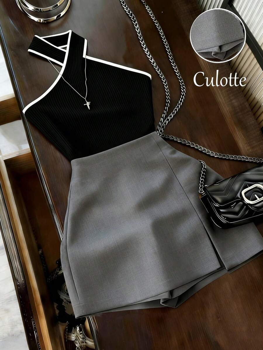 Franclia 女士黑色撞色交叉V领上衣搭配灰色双层优雅长裤，两件套，适合春夏日常通勤 - 黑與白 - 查看 1