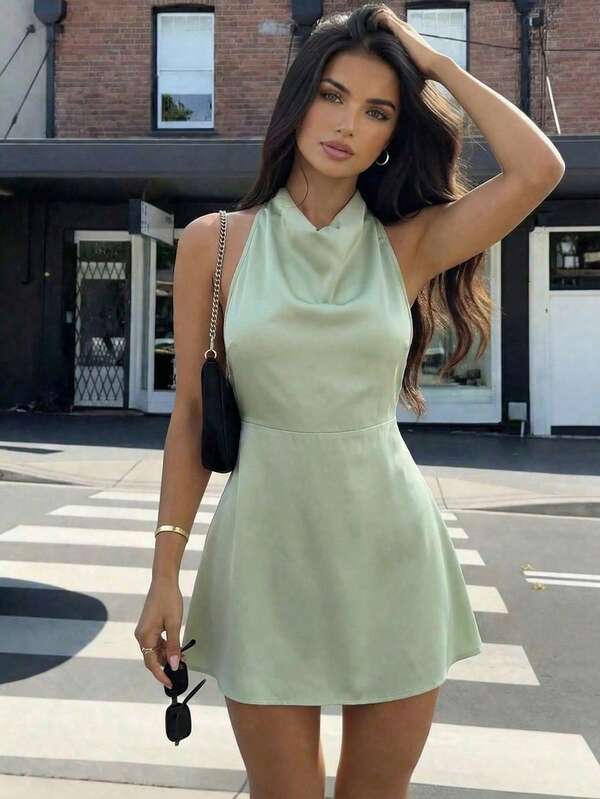 Aloruh Spring/Summer New Elegant Romantic Date Night Wedding Party Sexy Backless Draped Neck Waist Fitted A-Line Green Satin Mini Dress, Solid Color Waist Fitted Mini Dress Green Satin Dress Pastel Green Dress Sage Dress