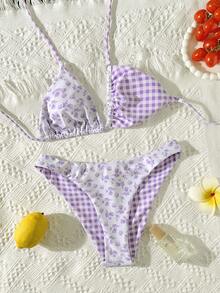 Swim Mod Bộ bikini hai mảnh mùa hè mới về dành cho nữ, họa tiết hoa và kẻ caro ngẫu nhiên, kiểu dáng tam giác buộc dây cổ, thích hợp cho kỳ nghỉ biển. - Nhiều màu - Xem 6