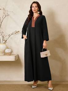 Al Najma Women's Elegant Black V-Neck Embroidered Long Sleeve Maxi Dress,Modest Casual Loose Party Dresses For Autumn Family Al-Adha,Zanea Yisikado Z9v7r - Black - View 6
