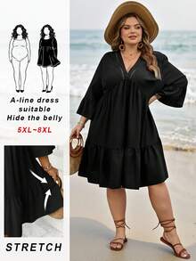 SHEIN CURVE+ Curve 尺码 US22 音乐节、海滨度假、波西米亚风女士休闲宽松舒适短袖杏色连衣裙，轻盈面料，春夏必备连衣裙，新款上市 - 黑色 - 查看 10