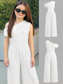 Firerie Kids Mono informal y elegante con hombro asimétrico para niña preadolescente, color albaricoque - Blanco - Ver 1