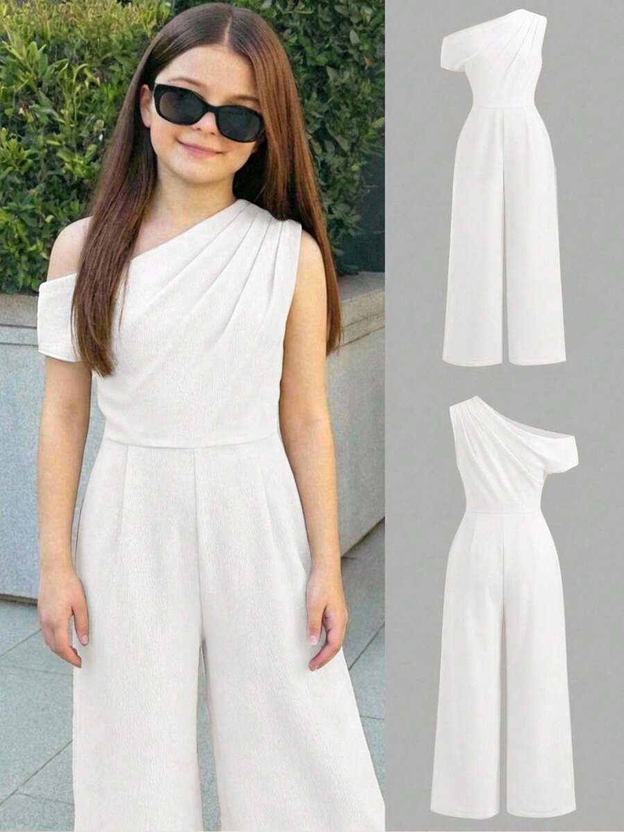 Firerie Kids Mono informal y elegante con hombro asimétrico para niña preadolescente, color albaricoque - Blanco - Ver 1