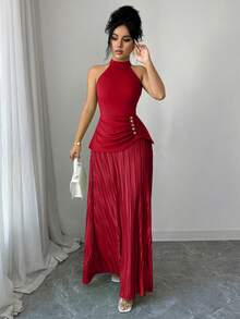 SHEIN Elenzya Vestido largo de mujer de cuello redondo y halter verde, estilo de vacaciones de verano, elegante, sin mangas, con diseño de dobladillo plisado 2 en 1 - Rojo - Ver 4