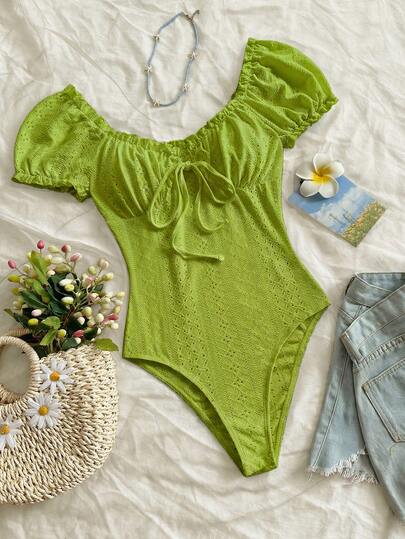 Soleia Spring/Summer New Casual Vacation Western Beach Wedding Guest Attire Graduation Brunch St. Patrick's Day Spring Break Easter Music Festival Elegant Boho Tropical Chic Knit Texture Petal Sleeve Ruffle Hem Valentine's Day Romper For Women