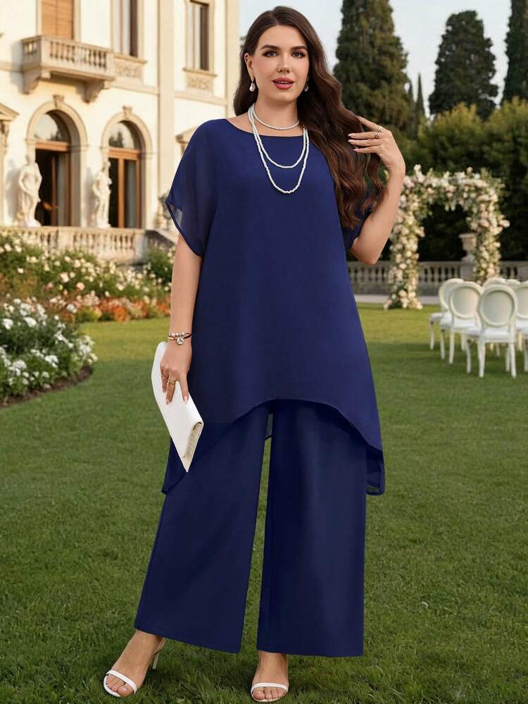 Plus Size Women Chiffon Asymmetric Hem Shirt And Wide Leg Pants Set Blouse And Pants Set Formal For Women Terno Outfit For Women Pants And Top Special Occasion Yrack Suits For Ladies Womens Pant Suit
