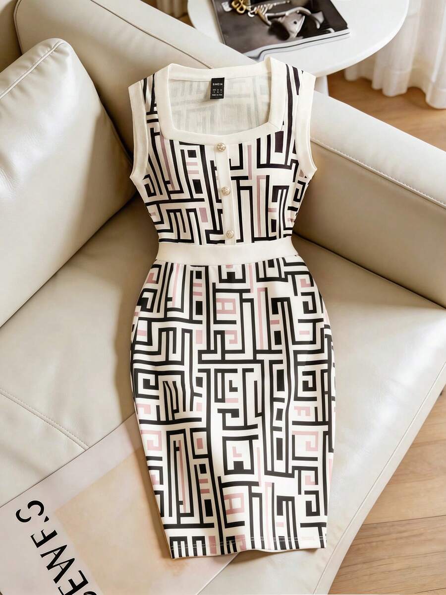 SHEIN Franclia Đầm dệt kim họa tiết hình học đen trắng, chất liệu mềm mại co giãn, dáng ôm sát. Phong cách tối giản hiện đại, phù hợp cho đi làm, hẹn hò và các dịp thường ngày, dễ phối đồ. - Nhiều màu - Xem 1