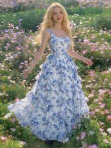 SHEIN MOD 蓝白碎花多层荷叶边方领连衣裙 – 适合约会、派对、女士春夏装、春假、度假、野餐、节日、生日等场合 - 藍白色 - 查看 1