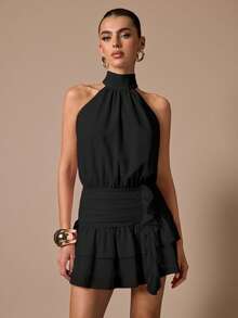 SHEIN BAE 无袖荷叶边修身迷你连衣裙，优雅甜美可爱，适合浪漫约会、派对、婚礼伴娘、夏季、下午茶、新年、情人节、生日等场合，粉色 - 黑色 - 查看 7