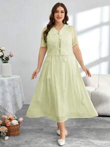 Modelyn 女士雪纺短袖系带外套+吊带连衣裙，饰有3D立体花卉图案，两件套 - 綠色 - 查看 4