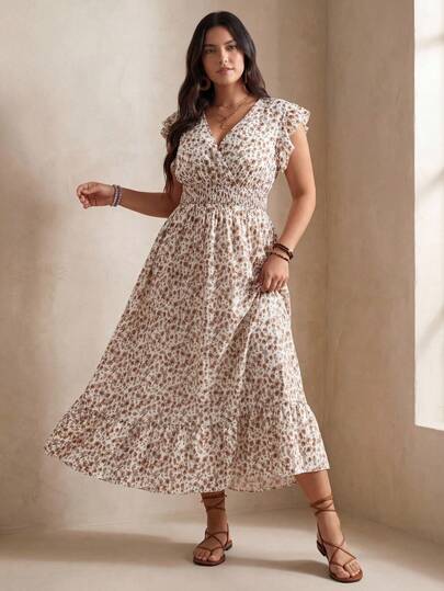 Juhart Plus Size Flower Printed Shirred Swing Casual Summer Holiday Dress Maxi Women Outfit