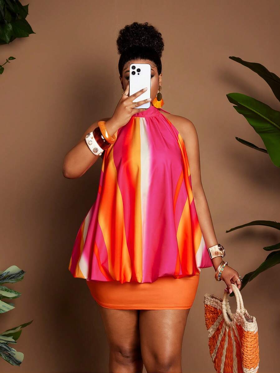 Maweii Plus Size Vacation Casual Ombre Print Halter Neck Top And Skirt 2-Piece Set - Multicolor - View 1