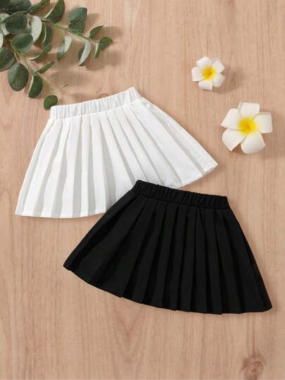 Toddler Girls' A-Line Short Skirt, Evenly Pleated Skirt Body, Elastic Waist Design For Easy Wear, Flattering Leg Shape, Comfortable And Practical, Black And White All-Match Colors Suitable For Spring And Autumn, Can Be Paired With T-Shirts