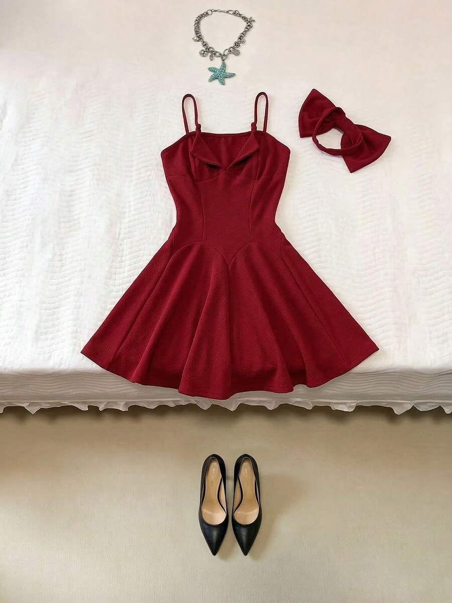 Franclia Women's Elegant A-Line Waist Cinching Mini Dress - Red - View 1