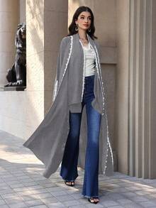 Yasmyna Áo choàng Abaya tay dài dáng rộng, phối ren, dành cho nữ - Màu Xám nhạt - Xem 5