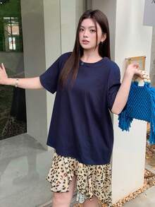 Dazy Plus 撞色条纹圆领宽松短袖粉色T恤，春夏宽松款 - 藏蓝色 - 查看 3