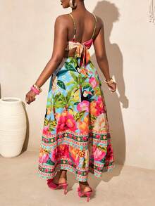 BamGleam 女士热带印花镂空系带露背吊带连衣裙，度假沙滩装 - 彩色 - 查看 2