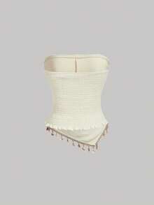 SHEIN MOD 女士抹胸上衣，带流苏系带下摆 - 杏色 - 查看 5