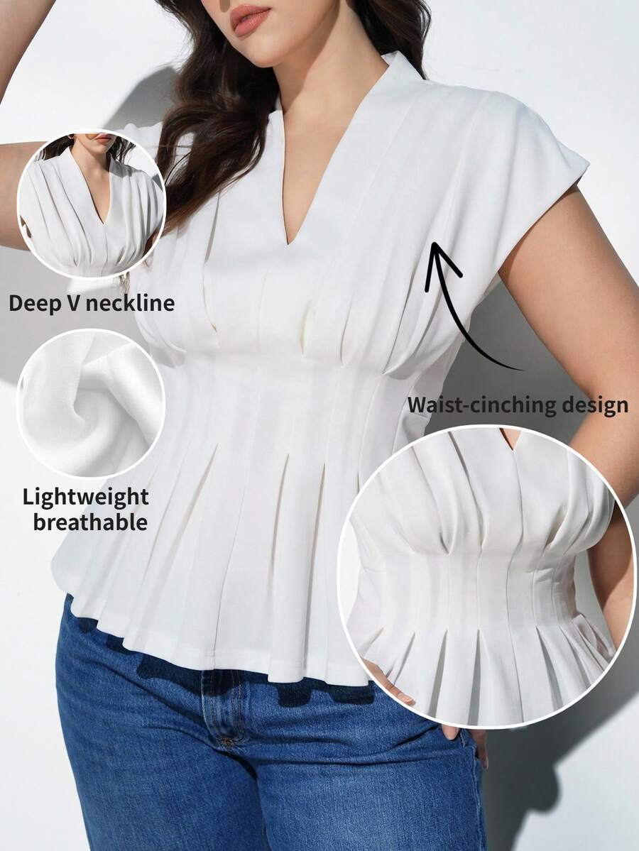 Maija 2026新款春夏大码女式纯白梭织衬衫，V领修身款，适合办公室/休闲场合，浪漫优雅，教师节、下午茶、日常休闲穿着皆宜的白色荷叶边上衣 - 白色 - 查看 1