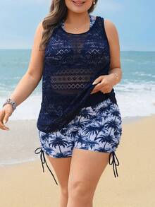 Swim Lushoire 大码女士三件套泳装，椰树印花吊带上衣、短裤、镂空蕾丝罩衫，适合海滩、泳池、运动。 - 彩色 - 查看 3