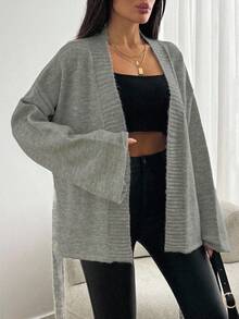 EURMUSE 1pc Women's Solid Loose Drop Shoulder Long Sleeve Casual Cardigan, Autumn/Winter - Grey - View 4