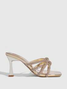 CUCCOO SZL 女士夏季新款方头细高跟金色水钻镶边打结高跟凉鞋拖鞋时尚性感派对夜店女凉鞋女鞋 - 金色1 - 查看 2