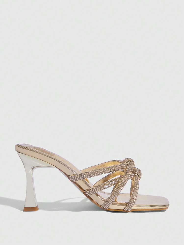 CUCCOO SZL Women Shoes Summer New Square Toe Stiletto Gold Rhinestone Strip Knotted Women's Fashion High Heel Sandals Slippers Fashion Sexy Party Nightclub Women's Sandals Women's Shoes