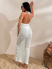 SHEIN Women Crochet Knit Maxi Dress Halter Neck Deep V Hollow Out Beach Cover Up White - White - View 6